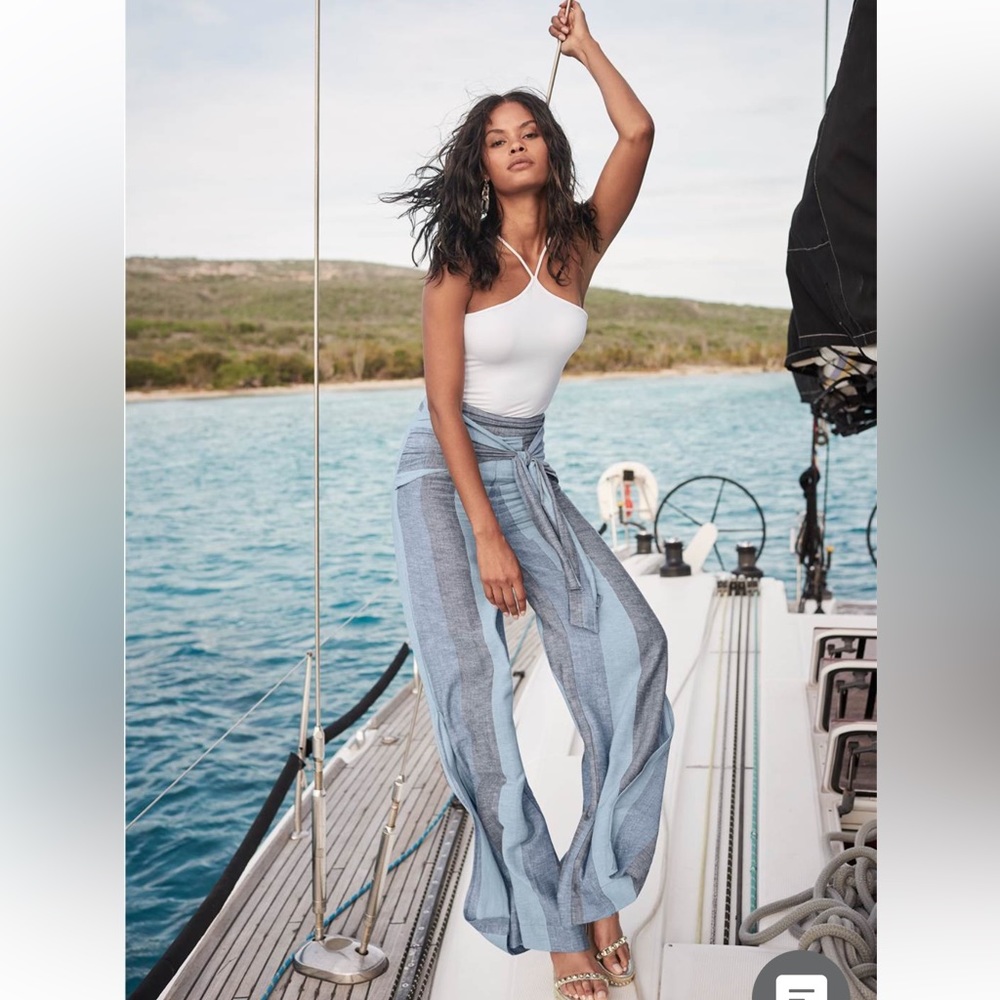 VENUS Blue Stripe High Waisted Front Tie Linen Blend Wide Leg Pants